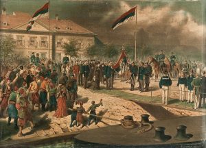 Eugen Ladislav Petrović, Knjaz Milan polazi na bojno polje 20. juna 1876, 1876, oleografija, 47 x 68,5 cm